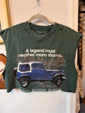 Abercrombie & Fitch Distressed Green Jeep Graphic Crop Tee